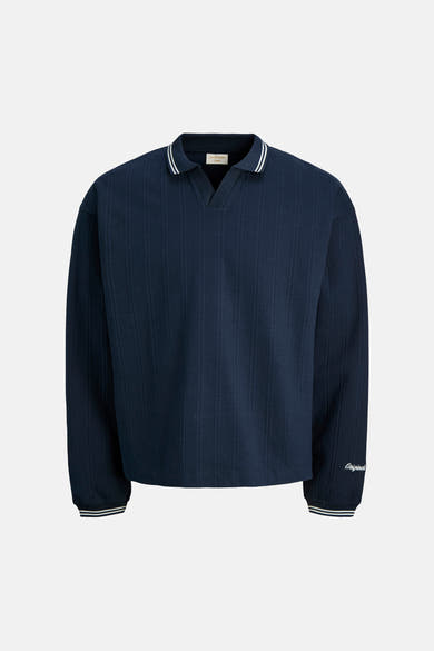Blauwe sweater met ribgebreide structuur van ORIGINALS BY JACK & JONES met gestreepte kraag en manchetten.
