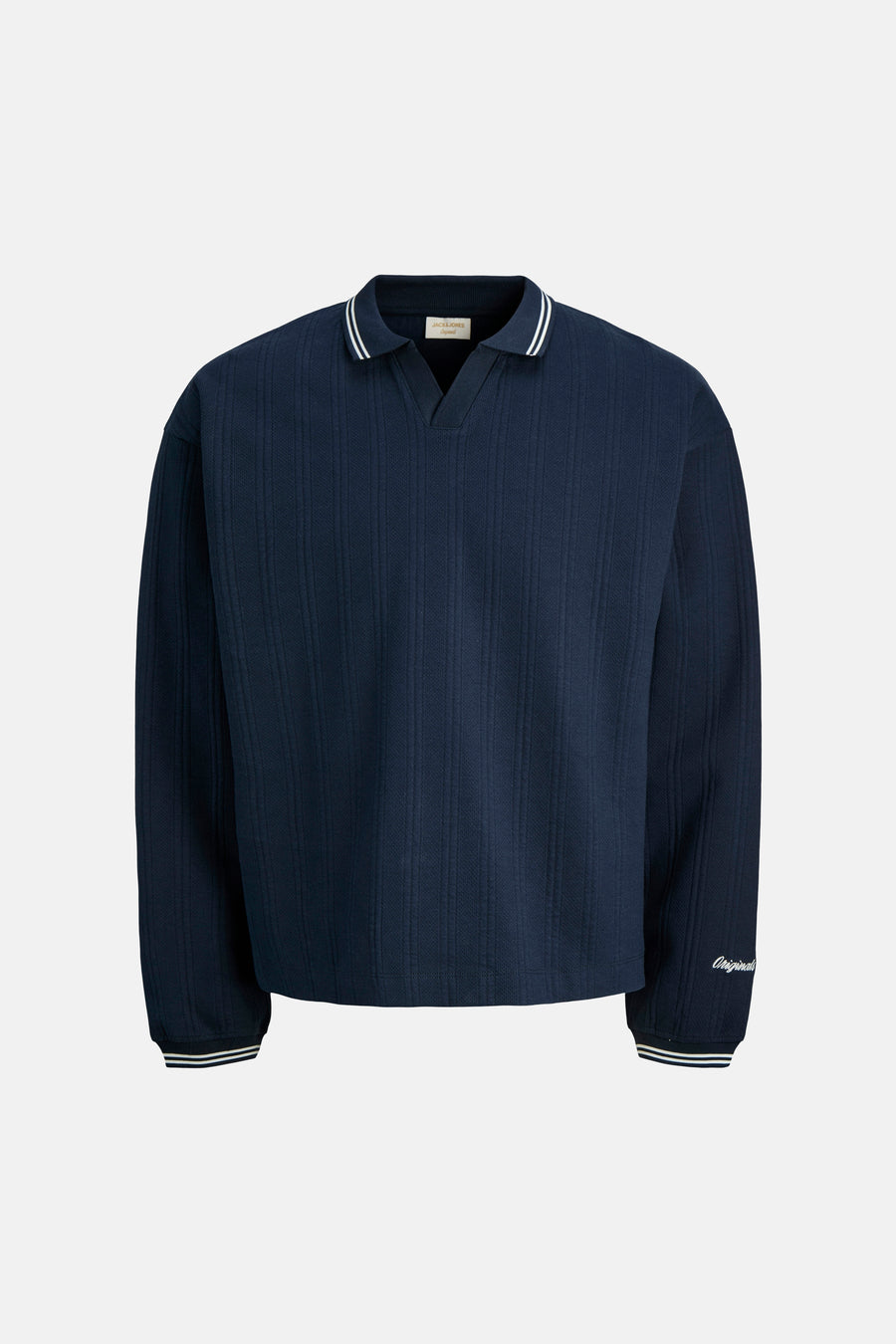 Blauwe sweater met ribgebreide structuur van ORIGINALS BY JACK & JONES met gestreepte kraag en manchetten.