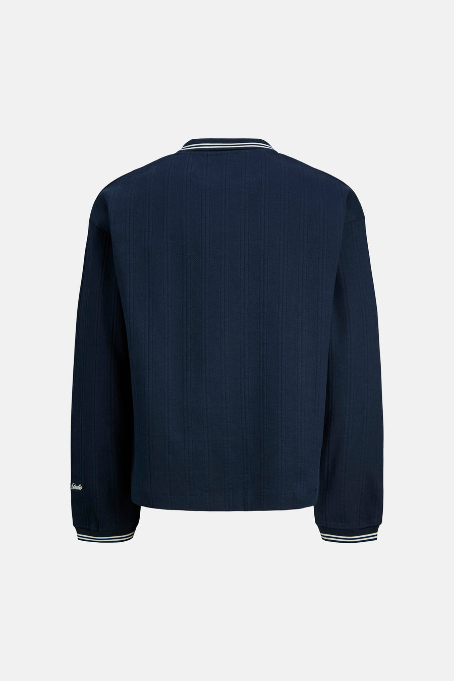 Blauwe trui met ronde hals, van ORIGINALS BY JACK & JONES, met verticale ribbeltextuur en gestreepte details op de manchetten en kraag.
