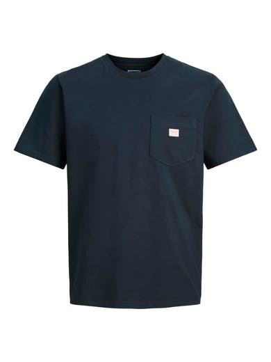 Navy blue short-sleeve t-shirt with chest pocket and small label, front view