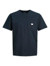 Navy blue short-sleeve t-shirt with chest pocket and small label, front view