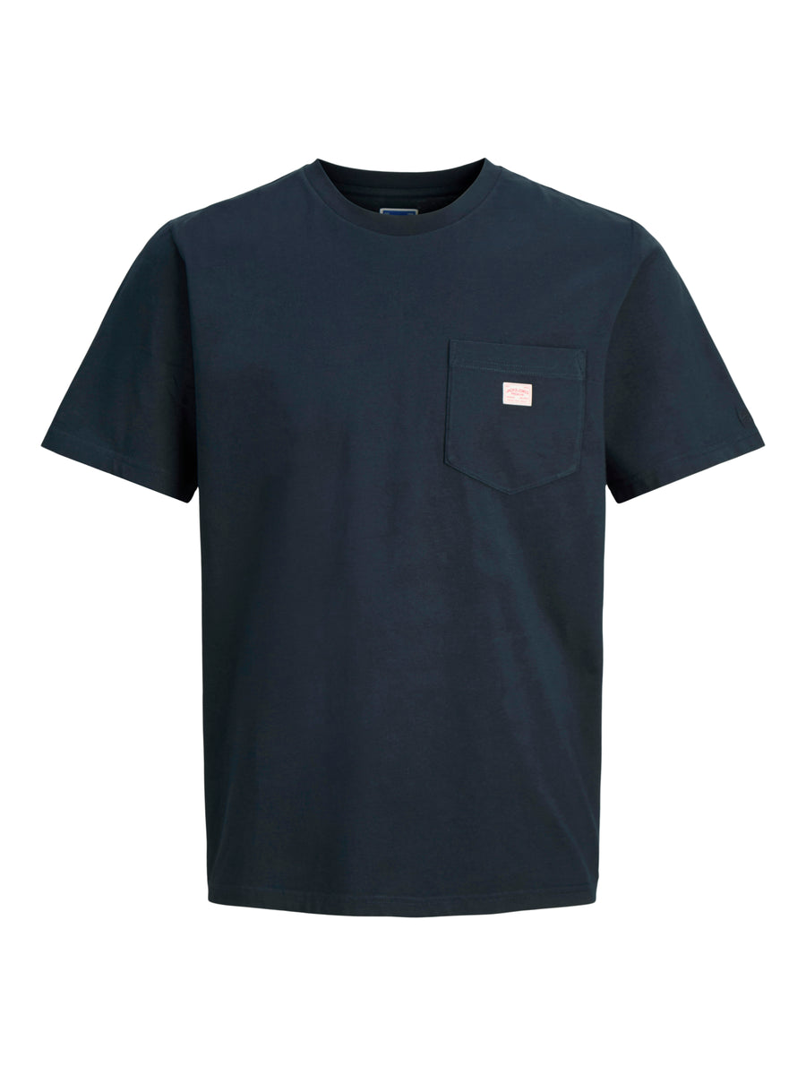 Navy blue short-sleeve t-shirt with chest pocket and small label, front view
