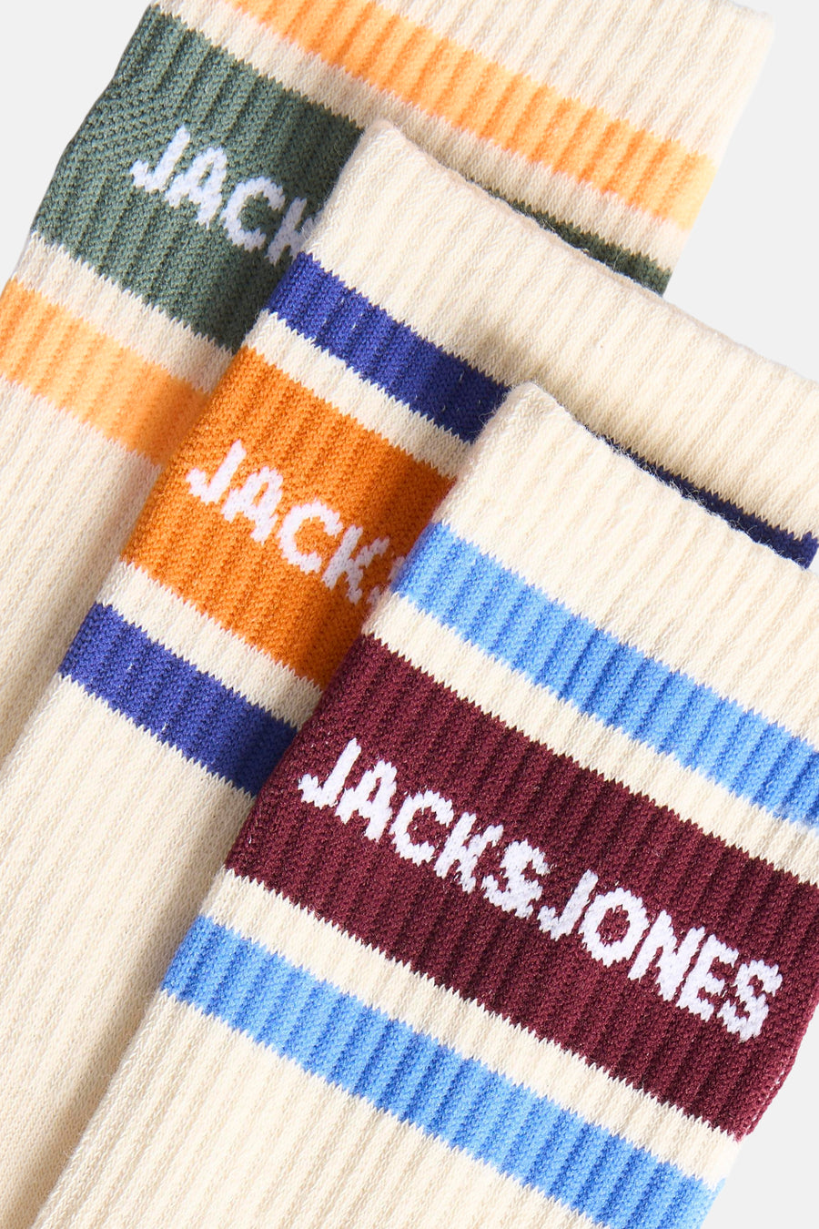 Lot de chaussettes écru ACCESSORIES by JACK & JONES, à rayures colorées et inscription du logo.