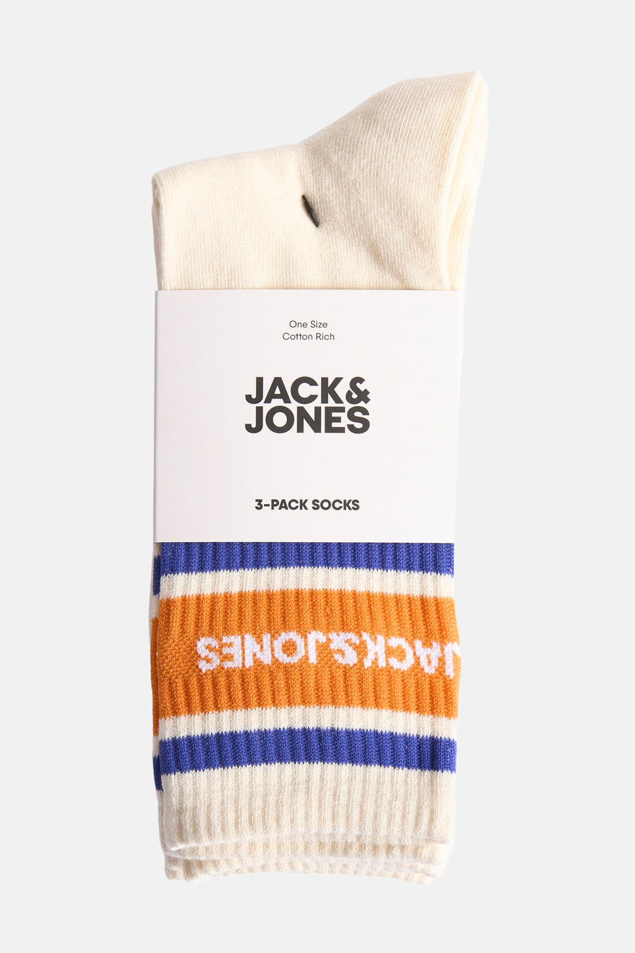 Set sokken ecru van ACCESSORIES BY JACK & JONES met blauwe en oranje strepen met opschrift.