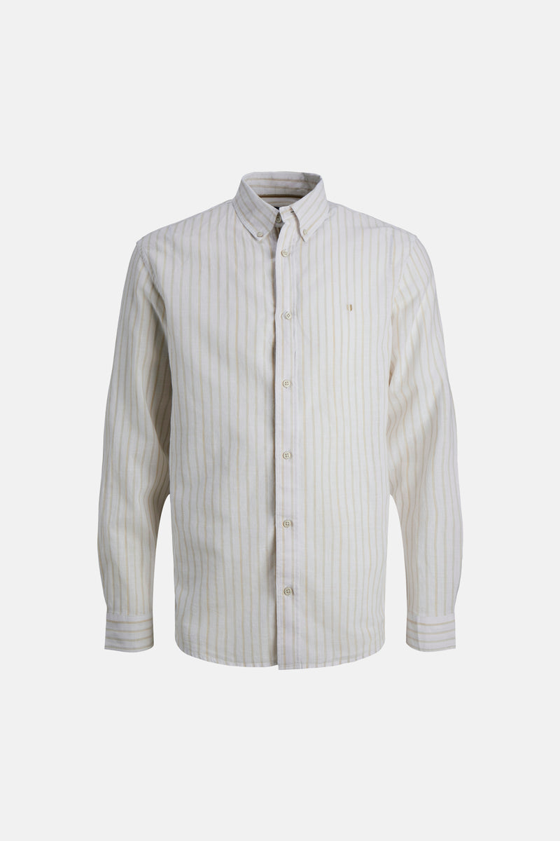 Beige gestreept overhemd, van PREMIUM by JACK & JONES, met knopen aan de voorkant.