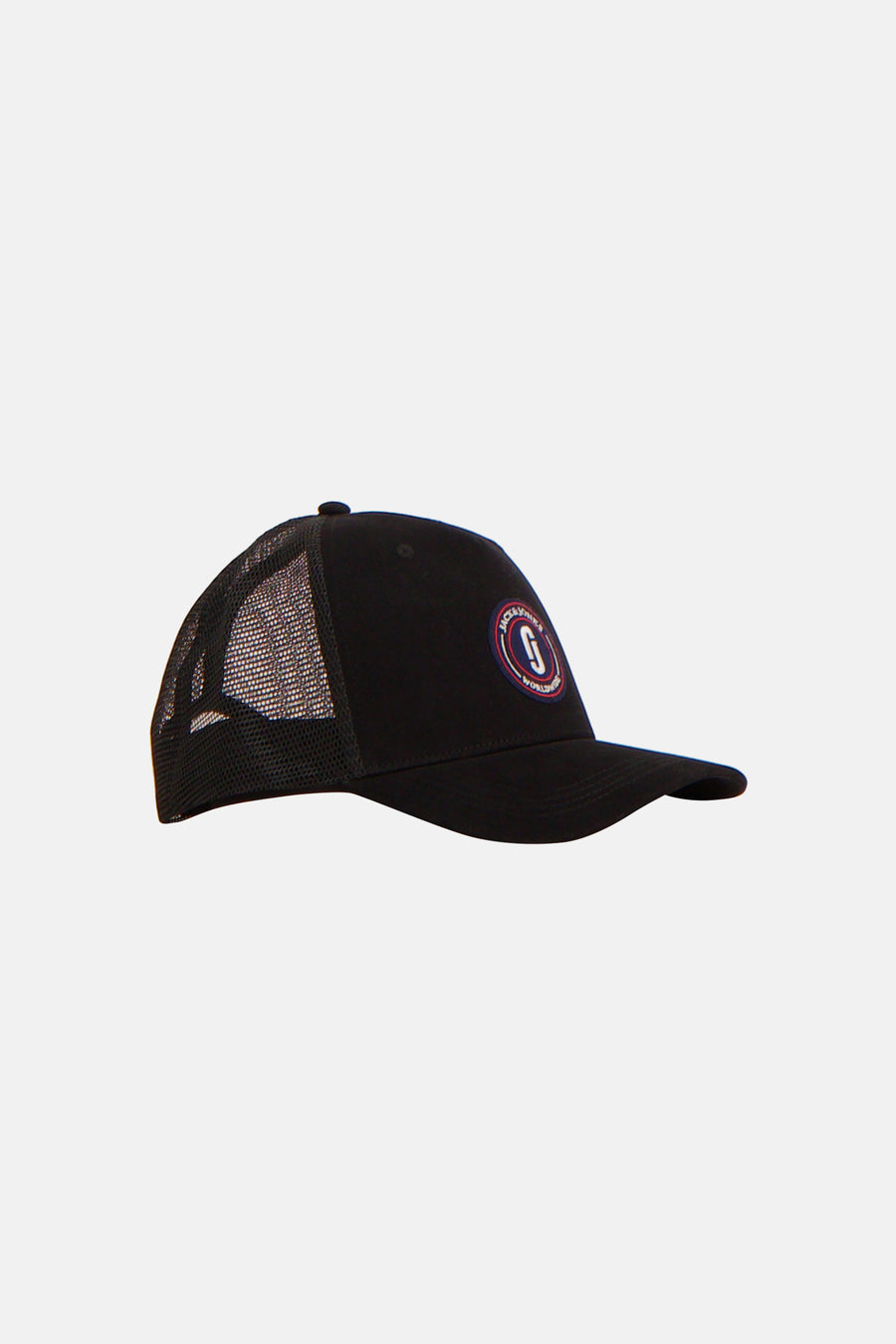 Casquette noire de ACCESSORIES BY JACK & JONES avec une visière courbée et empiècement en maille à l'arrière.