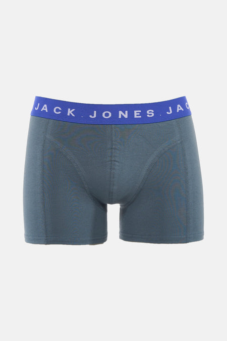 Blauwe boxer ACCESSORIES BY JACK & JONES, met blauwe elastische tailleband versierd met witte tekst, van achteren gezien.