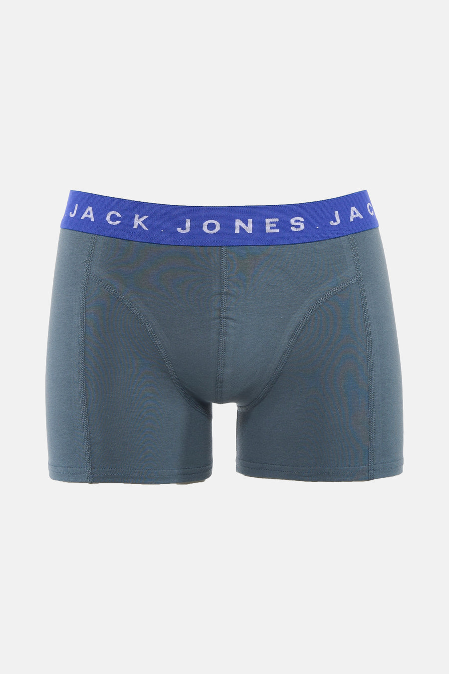 Blauwe boxer ACCESSORIES BY JACK & JONES, met blauwe elastische tailleband versierd met witte tekst, van achteren gezien.
