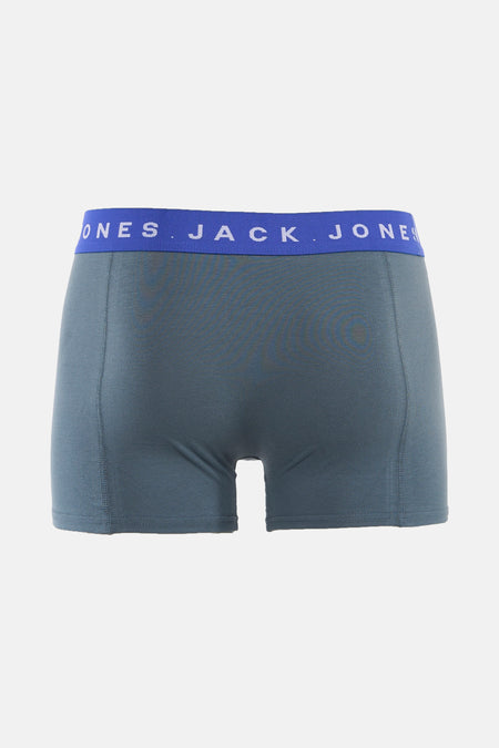 Boxer bleu ACCESSORIES BY JACK & JONES, avec ceinture élastique bleue ornée de texte blanc, vu de dos.