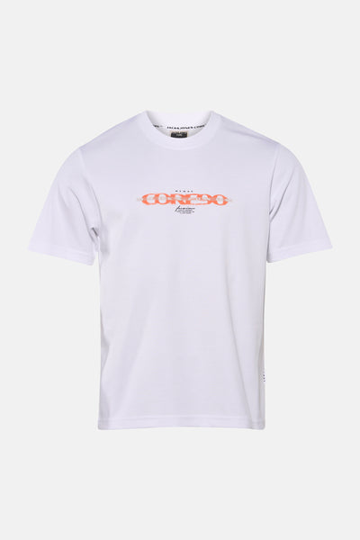 White short-sleeve t-shirt by Jack & Jones Core with orange graphic print and small text details, front view