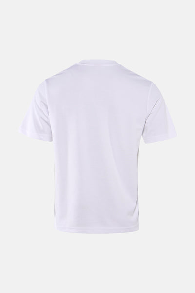 White short-sleeve t-shirt back view, plain cotton fabric, clean minimal design
