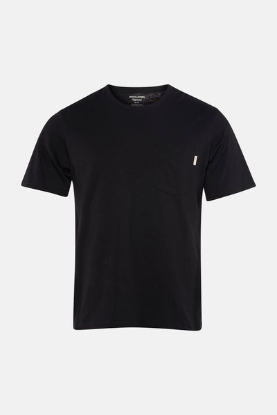 Black short-sleeve t-shirt with chest pocket by Jack & Jones, front view, smooth cotton texture