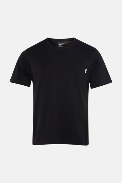 Black short-sleeve t-shirt with chest pocket by Jack & Jones, front view, smooth cotton texture