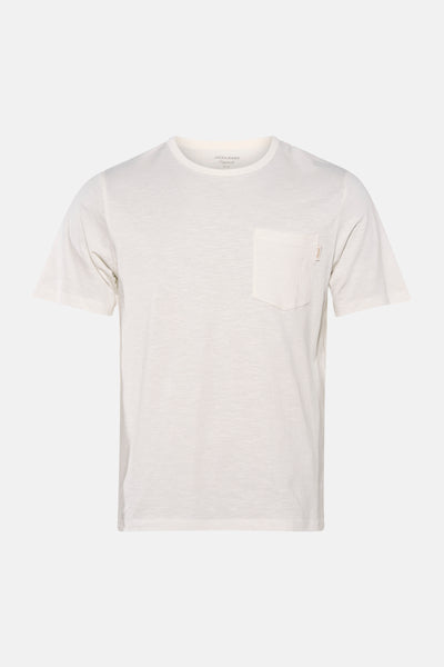 White short-sleeve t-shirt with chest pocket by Jack & Jones, soft textured fabric, front view