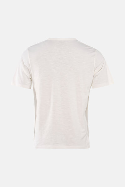 White short-sleeve t-shirt back view with subtle textured fabric, clean crew neck and minimal design.