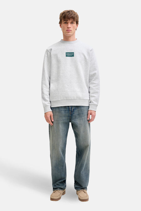 Sweat-shirt gris chiné par JACK & JONES, avec patch logo vert, porté avec un jean bleu et des chaussures bateau beige.