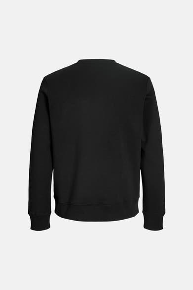 Black crewneck sweatshirt back view with ribbed cuffs and hem, solid color, soft texture