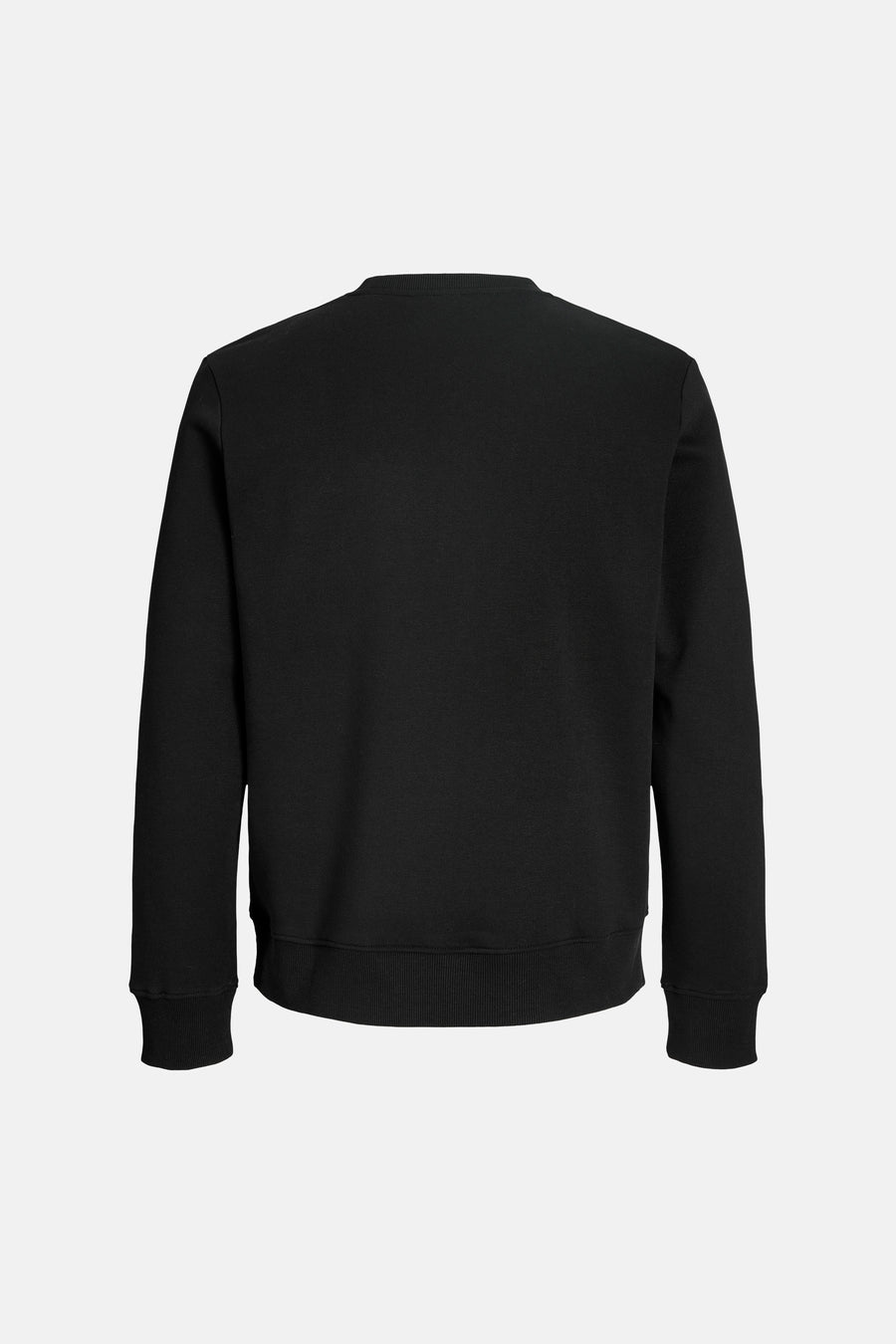 Black crewneck sweatshirt back view with ribbed cuffs and hem, solid color, soft texture