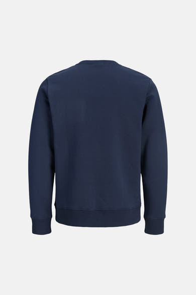 Navy blue crewneck sweatshirt back view with ribbed cuffs and hem, solid color, soft texture