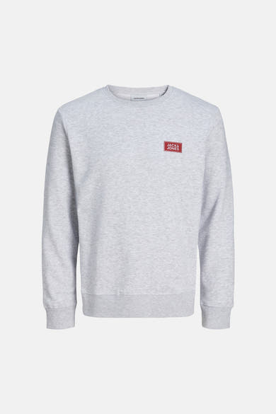 Grey marled crewneck sweatshirt by Jack & Jones with red logo patch on chest, ribbed cuffs and hem, front view.