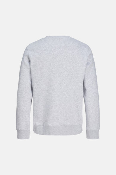 Grey marled crewneck sweatshirt back view with ribbed cuffs and hem, plain design