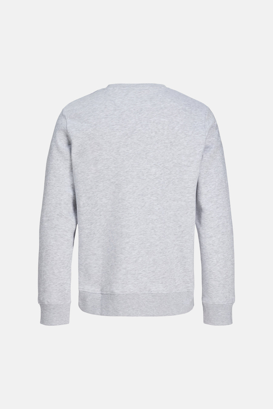 Grey marled crewneck sweatshirt back view with ribbed cuffs and hem, plain design
