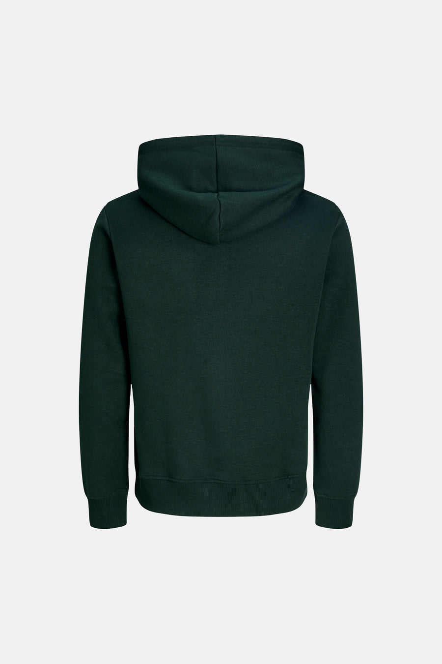 Dark green hooded sweatshirt by Scarab, back view, ribbed cuffs and hem, solid color, relaxed fit