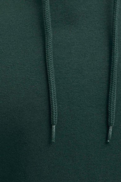 Dark green hooded sweatshirt with textured knit fabric and braided drawstrings, close-up front view