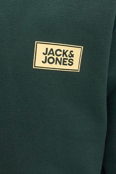Dark green hooded sweatshirt by Jack & Jones featuring a cream-colored rectangular logo patch with black text on the chest.