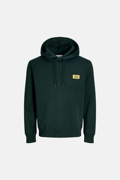 Dark green hooded sweatshirt by Jack & Jones with gold logo patch on chest, ribbed cuffs and hem, front view