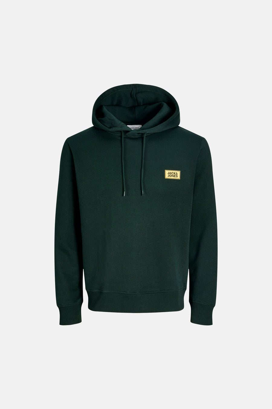 Dark green hooded sweatshirt by Jack & Jones with gold logo patch on chest, ribbed cuffs and hem, front view