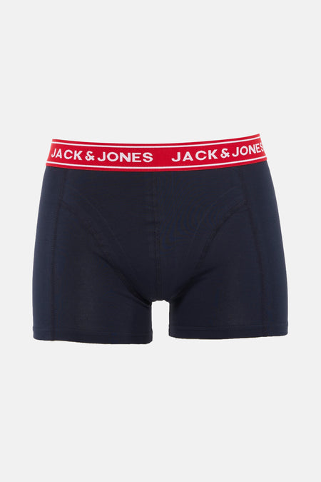 Marineblauwe boxer van ACCESSORIES BY JACK & JONES met rode elastische tailleband en wit logo.