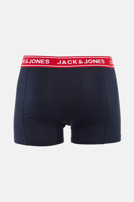 Boxer bleu marine de ACCESSORIES BY JACK & JONES avec ceinture élastique rouge et logo blanc.