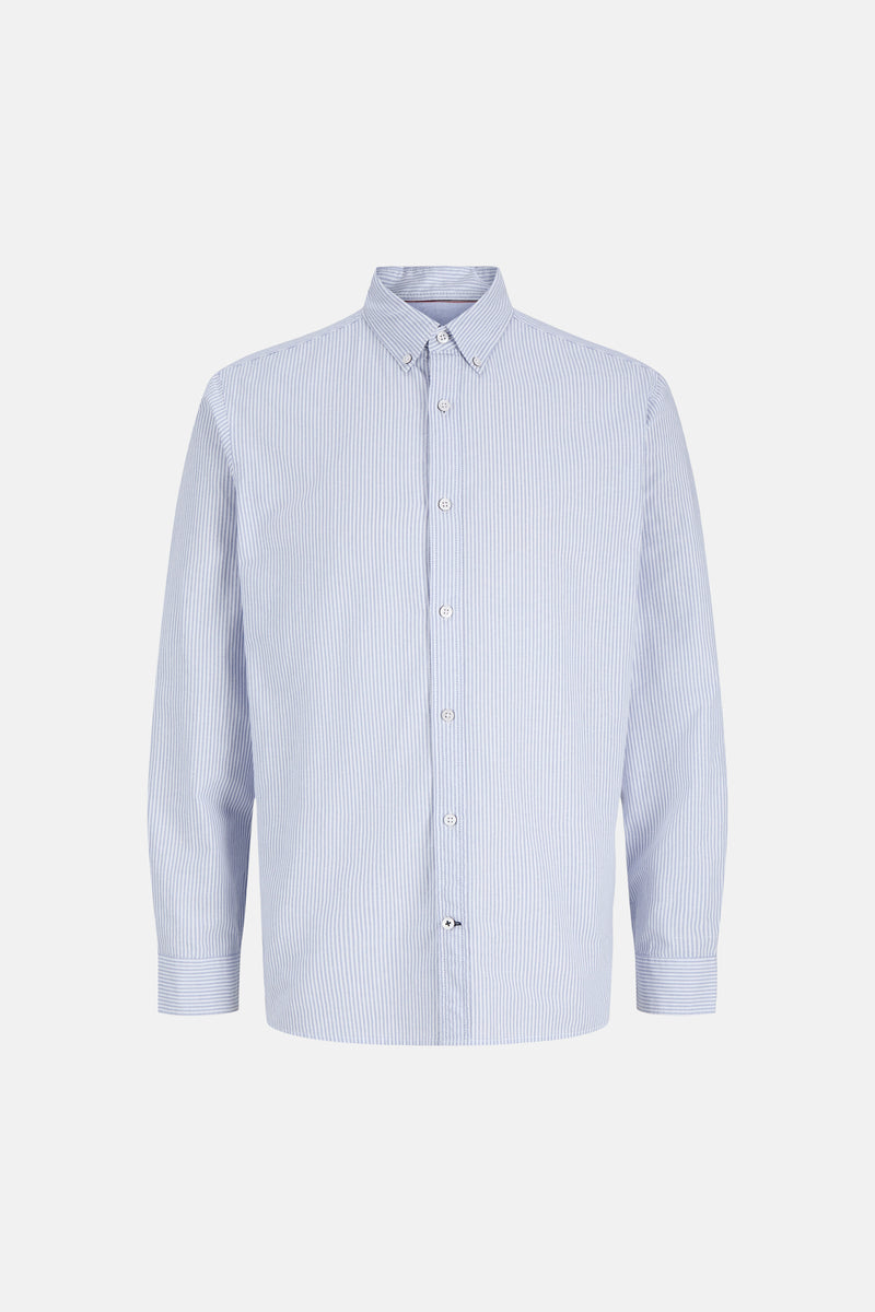 Blue and white striped long-sleeve shirt with button-down collar and front placket, front view