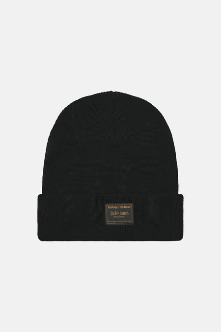 Bonnet noir côtelé ACCESSORIES BY JACK & JONES avec revers et étiquette Jack & Jones