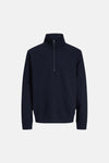 Navy blue half-zip sweatshirt with ribbed cuffs and hem, front view, solid color, soft texture