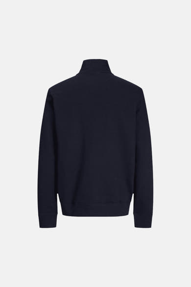 Navy blue crewneck sweatshirt back view, ribbed cuffs and hem, solid color, soft texture