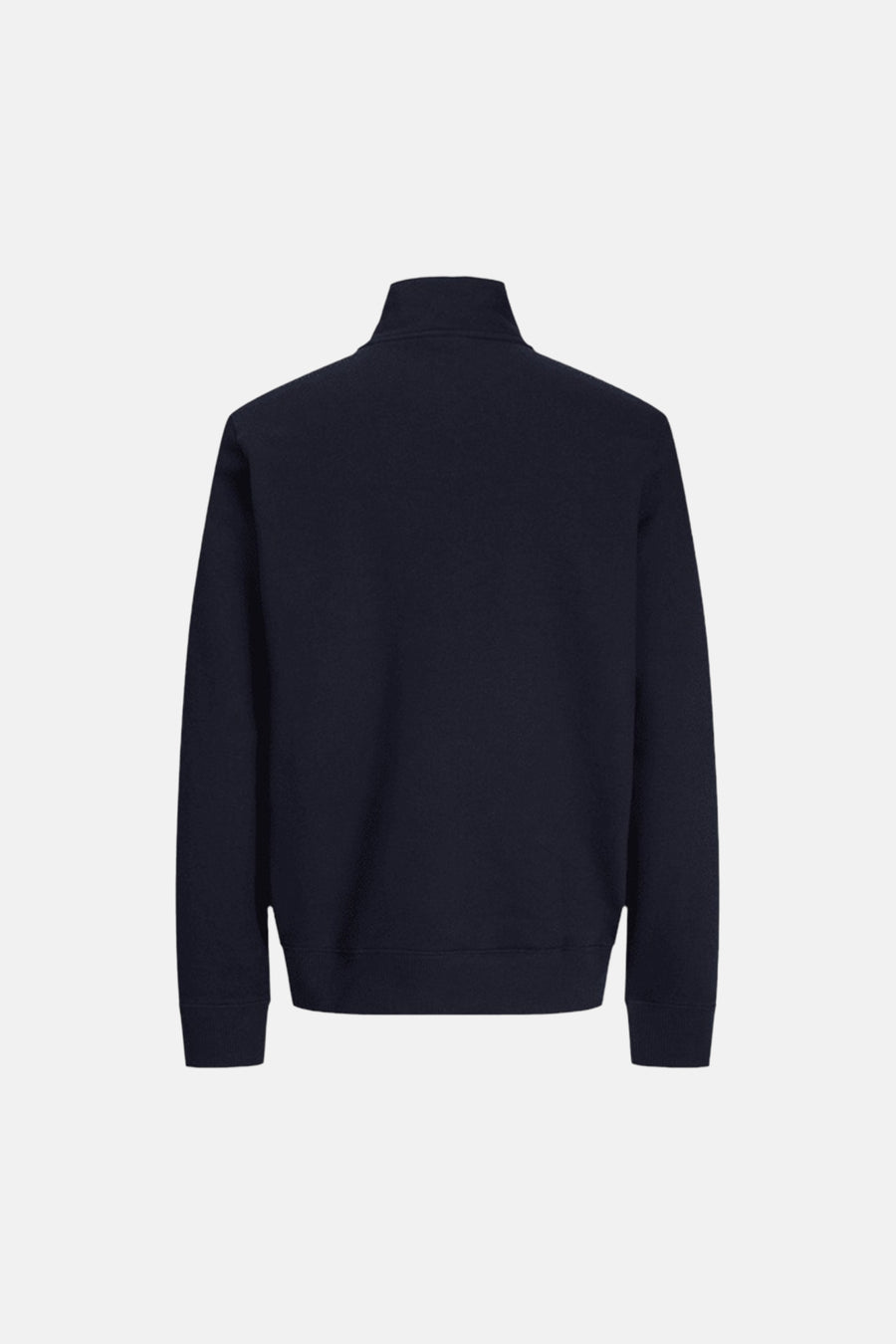 Navy blue crewneck sweatshirt back view, ribbed cuffs and hem, solid color, soft texture
