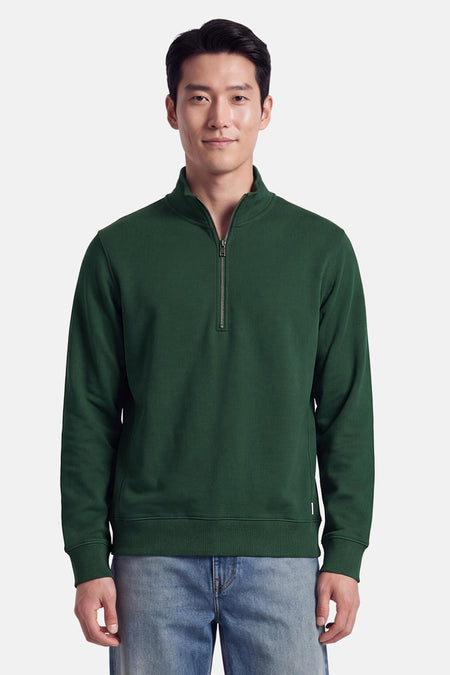 Sweat col O vert par ORIGINALS BY JACK & JONES, vue de face, fermeture éclair à demi-zip, manches longues, bord-côte aux poignets et ourlet.