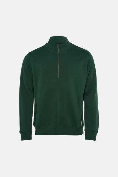 Dark green half-zip sweatshirt with ribbed cuffs and hem, front view, solid color, textured knit fabric