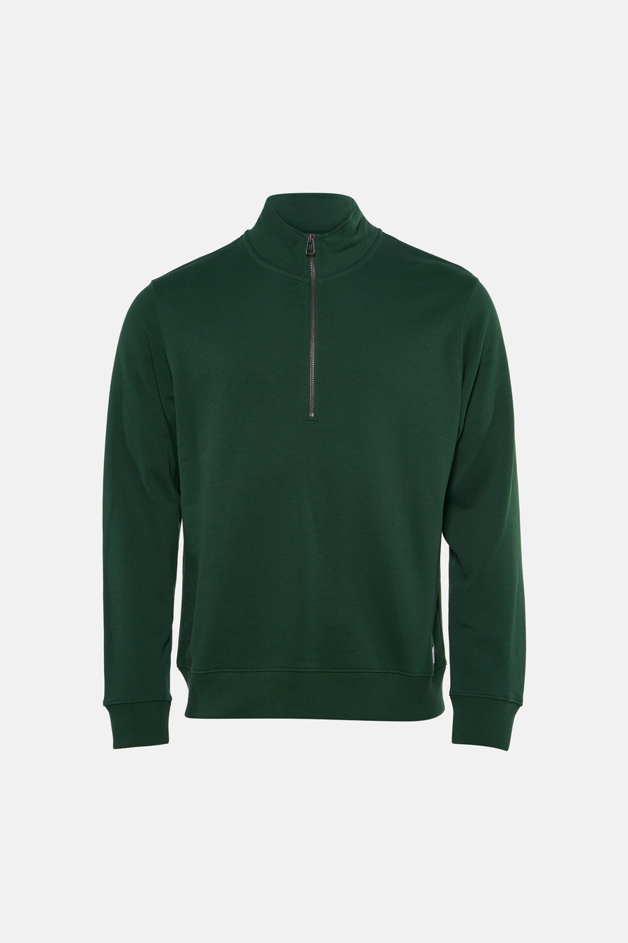 Dark green half-zip sweatshirt with ribbed cuffs and hem, front view, solid color, textured knit fabric