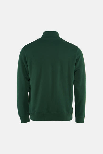 Dark green ribbed crewneck sweatshirt back view, featuring long sleeves and elasticated cuffs and hem.