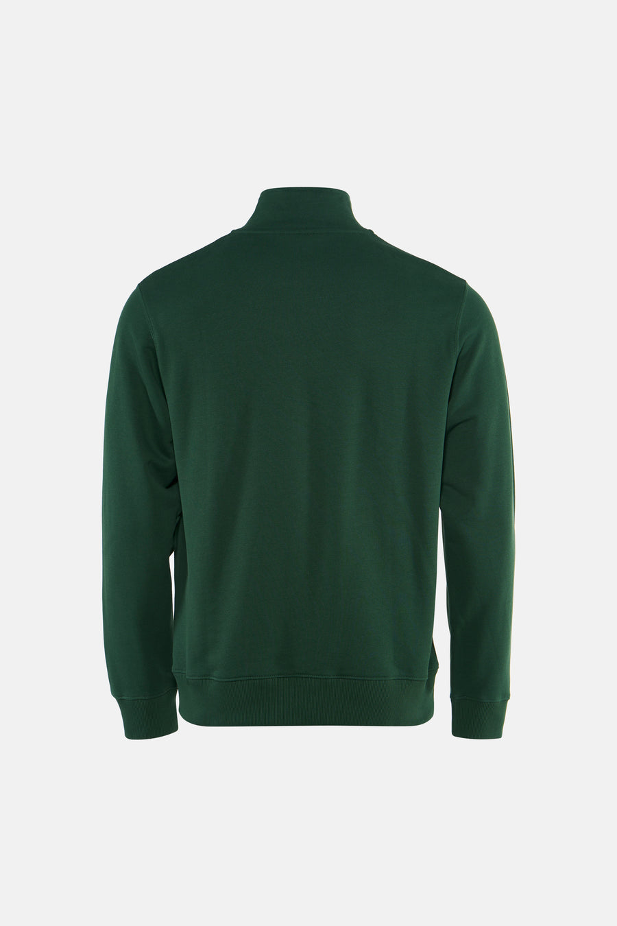 Dark green ribbed crewneck sweatshirt back view, featuring long sleeves and elasticated cuffs and hem.