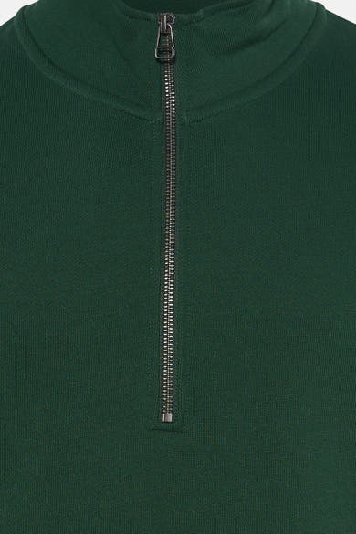 Dark green ribbed knit sweatshirt with stand-up collar and front metal zipper, close-up front view