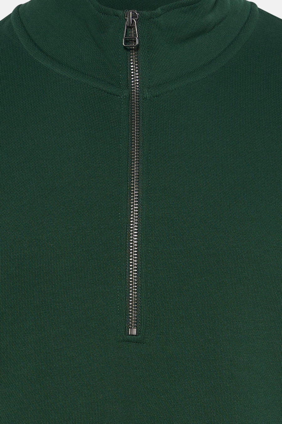 Dark green ribbed knit sweatshirt with stand-up collar and front metal zipper, close-up front view