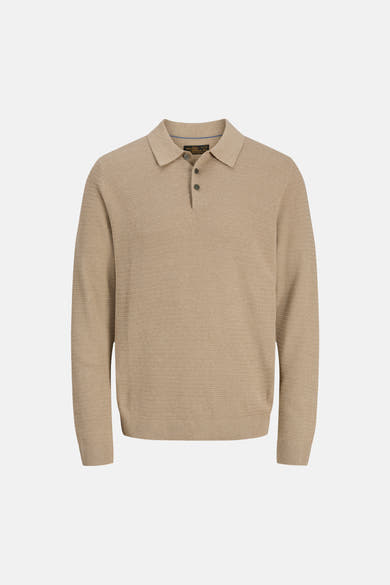 Beige textured polo-neck sweater with ribbed cuffs and hem, front button placket, flat lay view