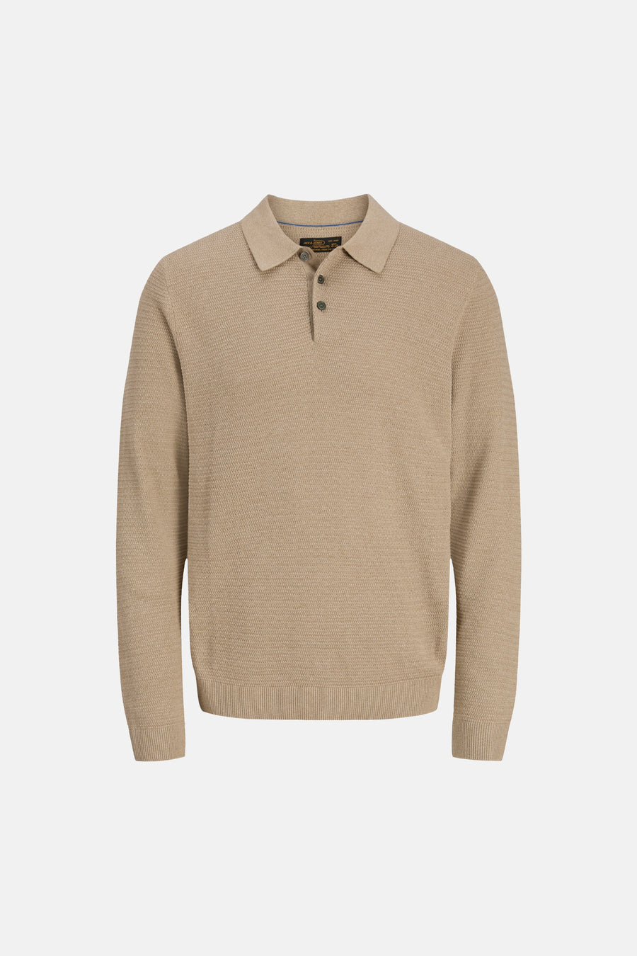 Beige textured polo-neck sweater with ribbed cuffs and hem, front button placket, flat lay view