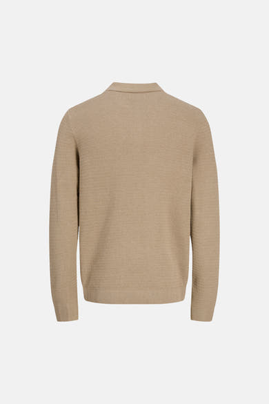 Beige ribbed knit turtleneck sweater back view, textured fabric with ribbed cuffs and hem