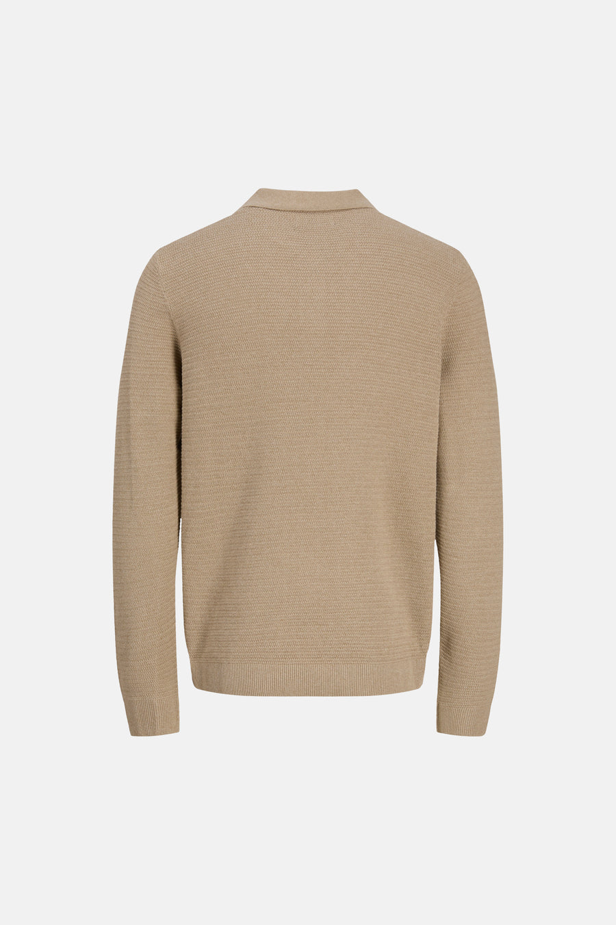 Beige ribbed knit turtleneck sweater back view, textured fabric with ribbed cuffs and hem