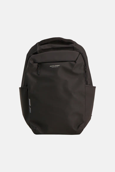 Black nylon backpack by Jack & Jones with front zip pocket and side mesh compartments, front view
